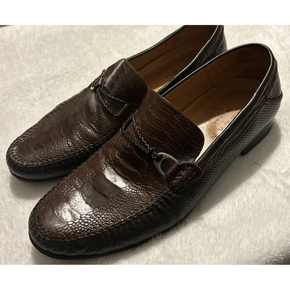 Mezlan Vesta Ostrich Leg and Woven Calfskin Moc Toe Bit Strap Loafers Brown 10.5